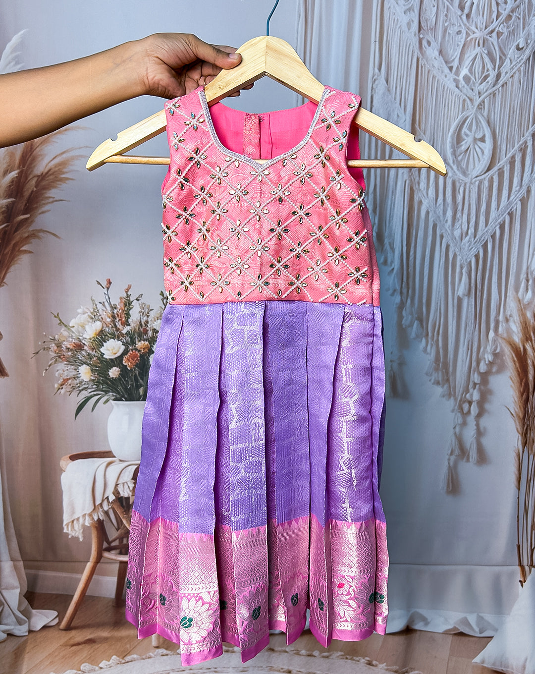 Vibrant Pink & Lavender Embellished Silk Pattu Paavadai for Kids – Hemqueen Baby Bliss