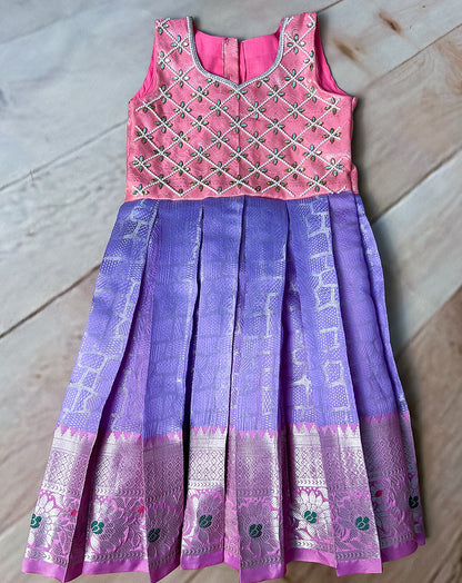 Vibrant Pink & Lavender Embellished Silk Pattu Paavadai for Kids – Hemqueen Baby Bliss