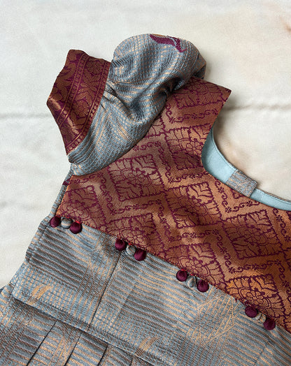 Classic Maroon & Grey Silk Pattu Paavadai for Kids – Hemqueen Baby Bliss Exclusive