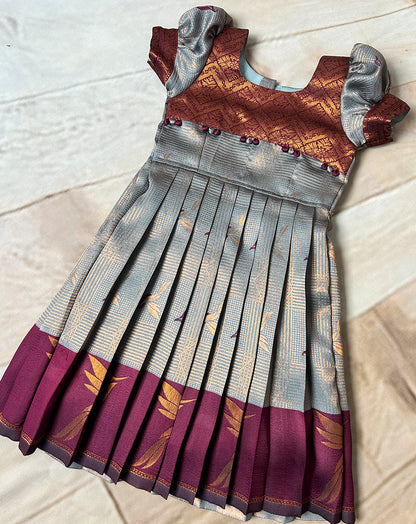 Classic Maroon & Grey Silk Pattu Paavadai for Kids – Hemqueen Baby Bliss Exclusive