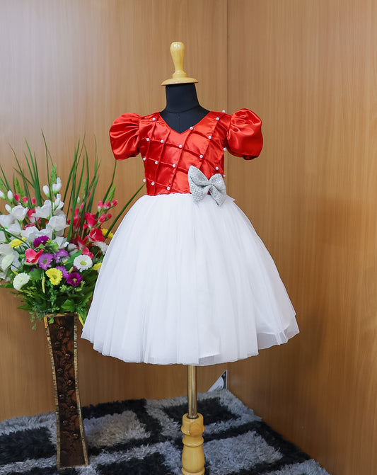 Red & White Satin Waist Yoke Gown