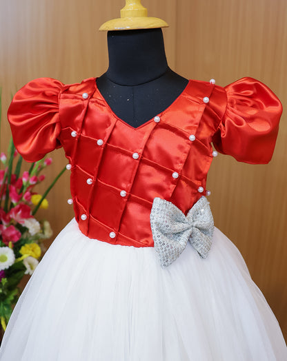 Red & White Satin Waist Yoke Gown