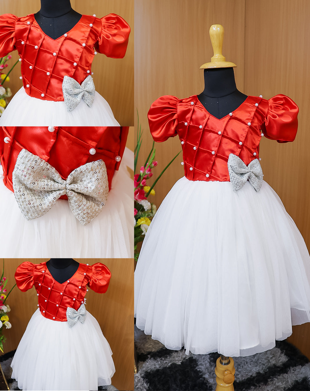 Red & White Satin Waist Yoke Gown