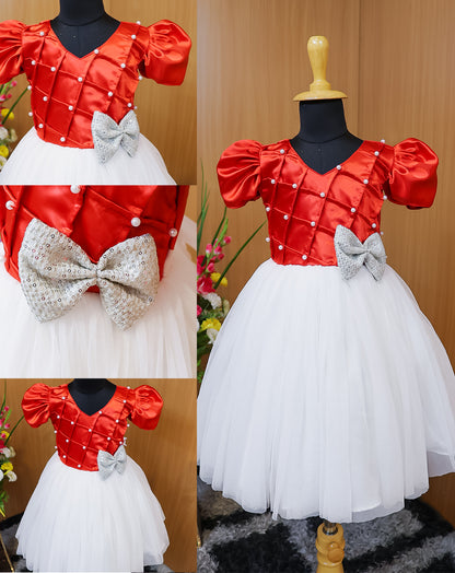 Red & White Satin Waist Yoke Gown
