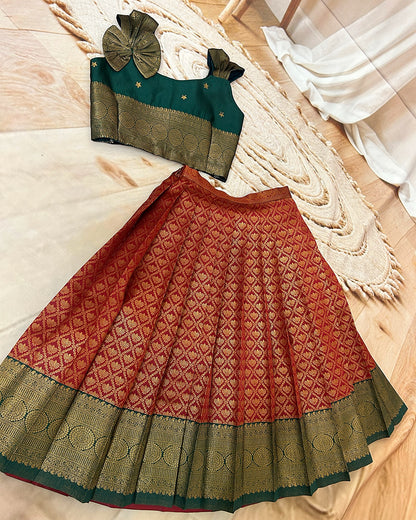 Regal Red & Green Traditional Designer Pattu Paavadai for Kids – Hemqueen Baby Bliss Collection