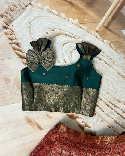 Regal Red & Green Traditional Designer Pattu Paavadai for Kids – Hemqueen Baby Bliss Collection